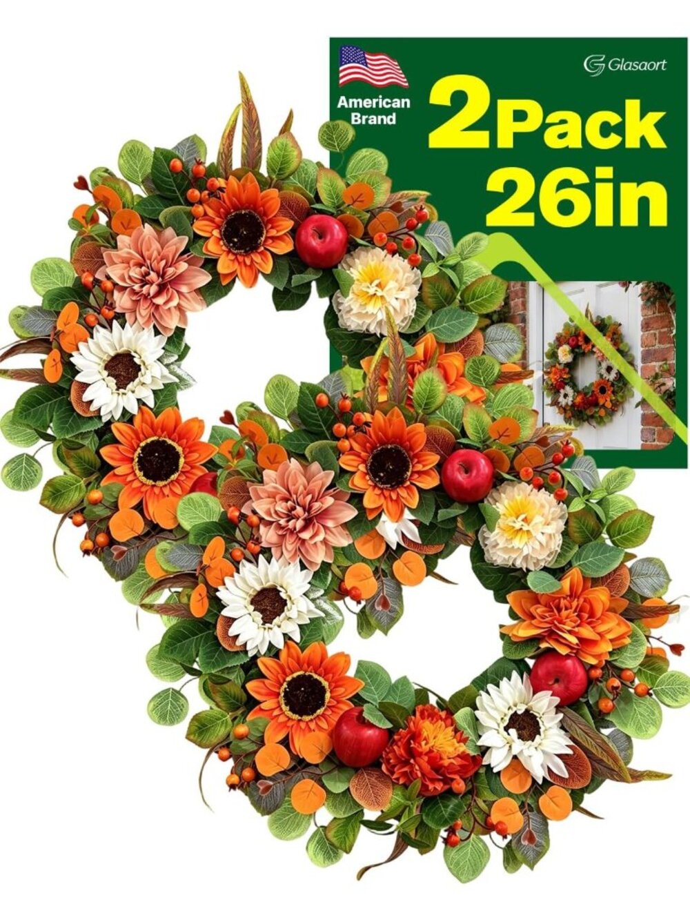 26" Autumn Apple Wreath for Front Door - Artificial Fall Decor, Seasonal Home